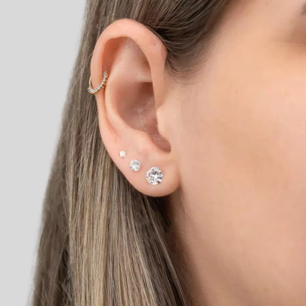 Brinco Trio de Brincos Ponto de Luz Feminino Pedraria de Zircônias