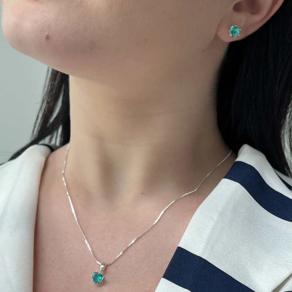 Conjunto Cristalina Colar E Brinco Coração Brilhante Verde Turmalina