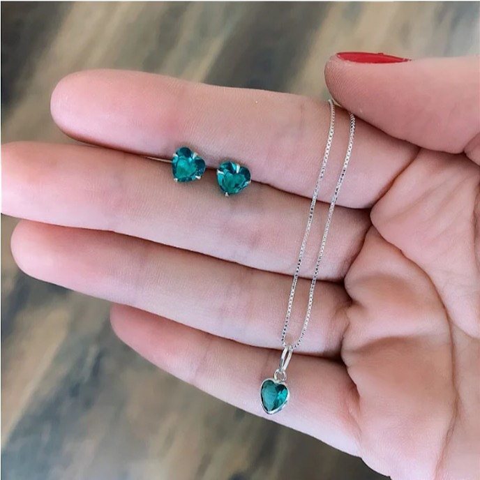 Conjunto Cristalina Colar E Brinco Coração Brilhante Verde Turmalina
