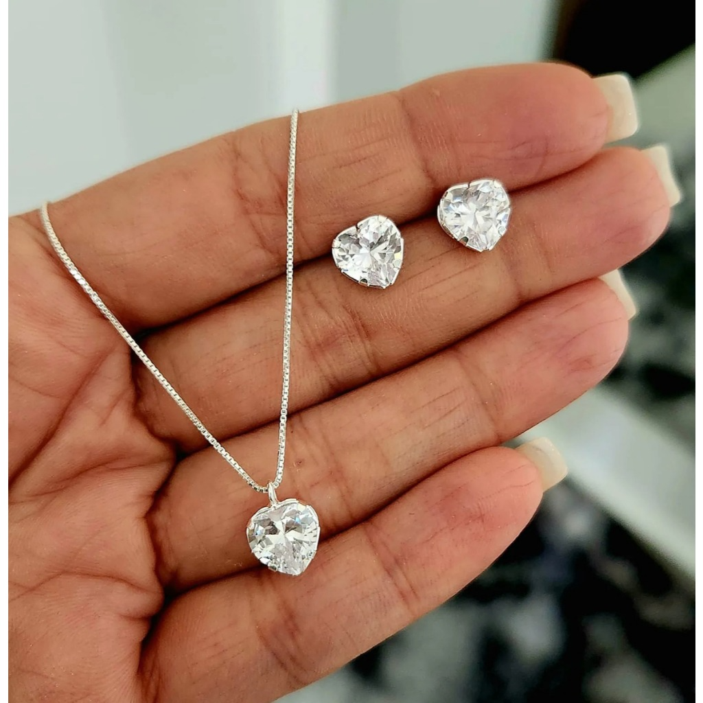 Conjunto Cristalina Colar e Brinco Coração Cristal