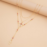 3 Peças Conjunto Colar Pingente de Cruz com Strass, Colar Gargantilha Multicamadas.