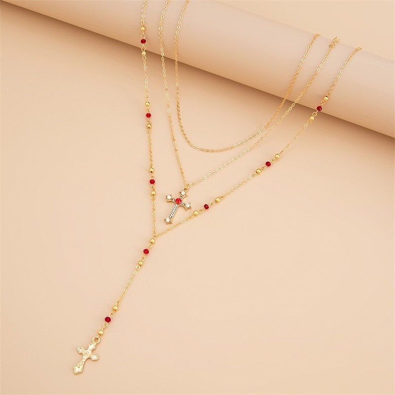 3 Peças Conjunto Colar Pingente de Cruz com Strass, Colar Gargantilha Multicamadas.