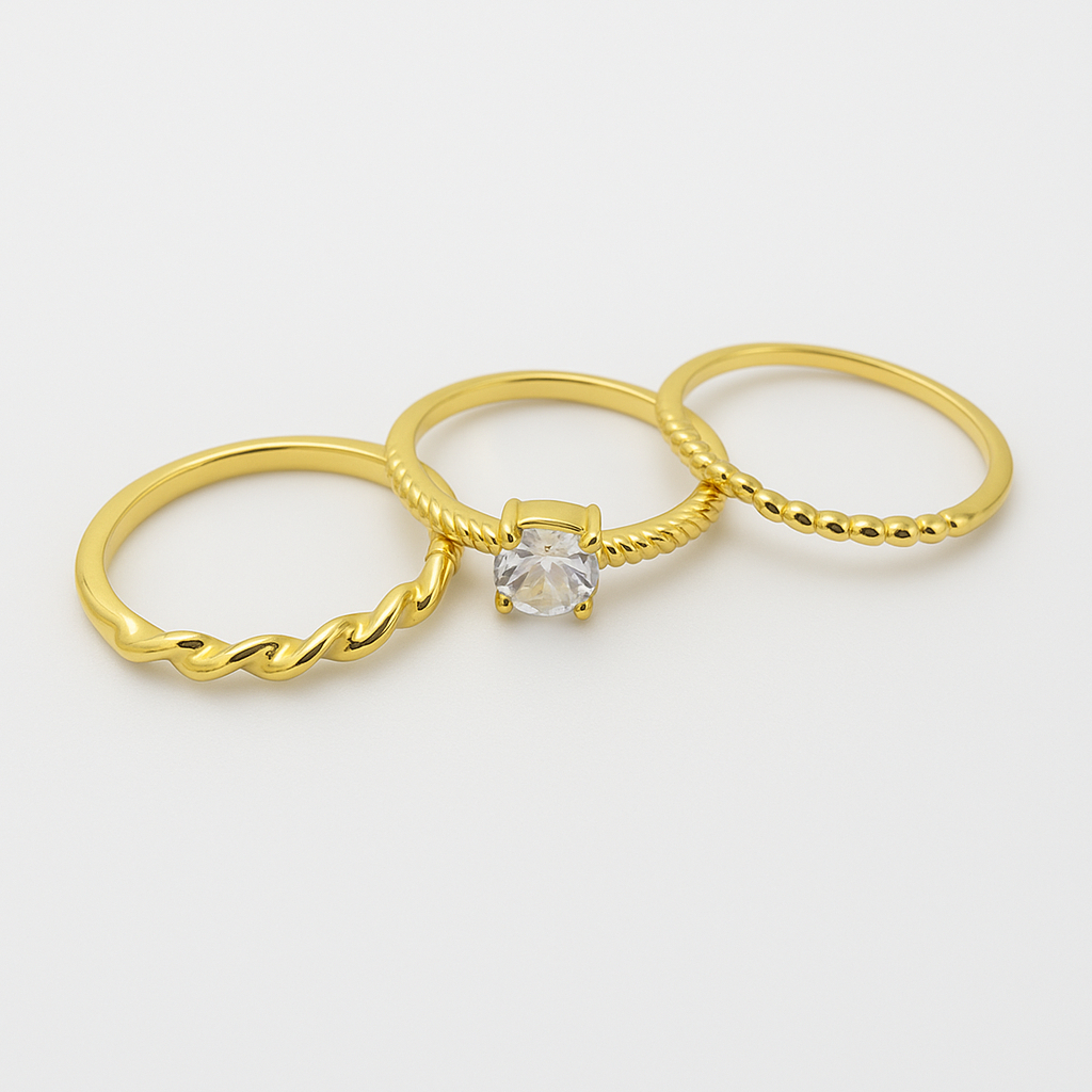 Kit 3 Anéis Femininos com Design Torcido, Solitário Cravejado banhado em Prata 925 e Ouro 18k