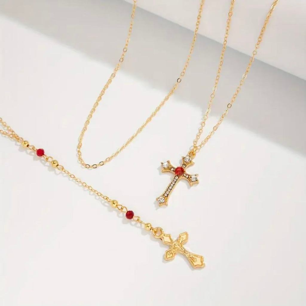3 Peças Conjunto Colar Pingente de Cruz com Strass, Colar Gargantilha Multicamadas.