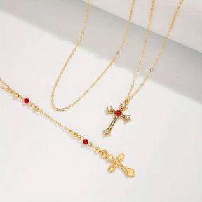 3 Peças Conjunto Colar Pingente de Cruz com Strass, Colar Gargantilha Multicamadas.