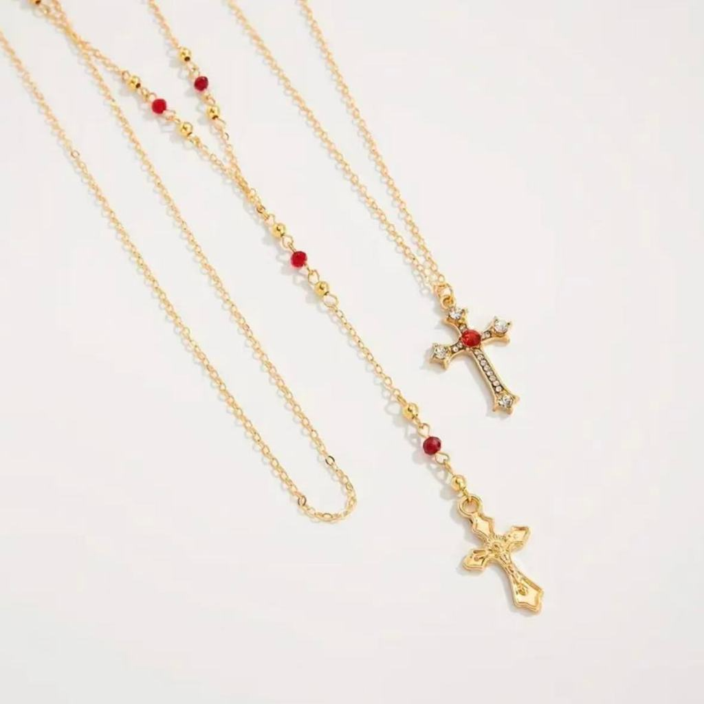 3 Peças Conjunto Colar Pingente de Cruz com Strass, Colar Gargantilha Multicamadas.