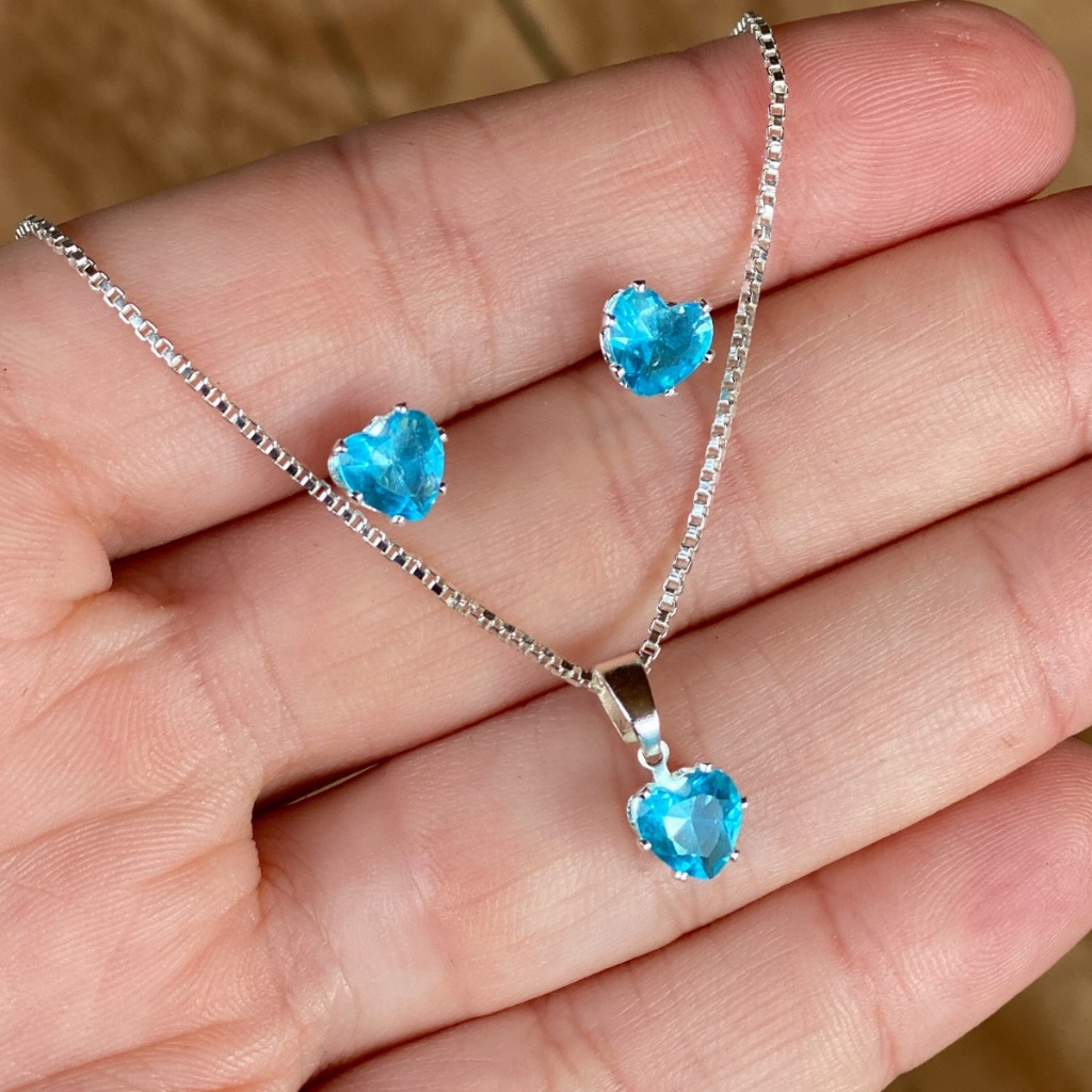 Conjunto Cristalina Colar E Brinco Coração Cristal Azul Turquesa