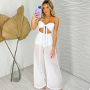 Conjunto Branco réveillon elegância e sofistição  top faixa multiformas com bojo calça pantalona tule look