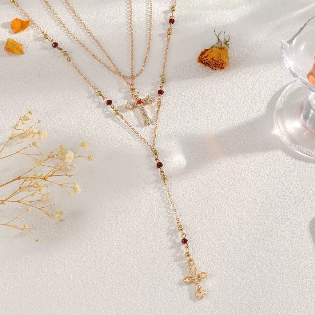 3 Peças Conjunto Colar Pingente de Cruz com Strass, Colar Gargantilha Multicamadas.