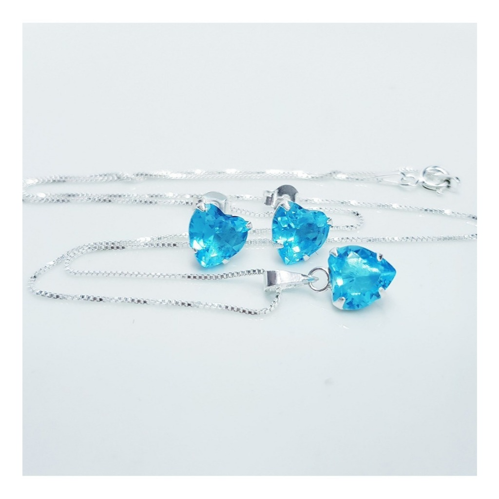 Conjunto Cristalina Colar E Brinco Coração Cristal Azul Turquesa