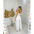 Conjunto Branco réveillon elegância e sofistição  top faixa multiformas com bojo calça pantalona tule look