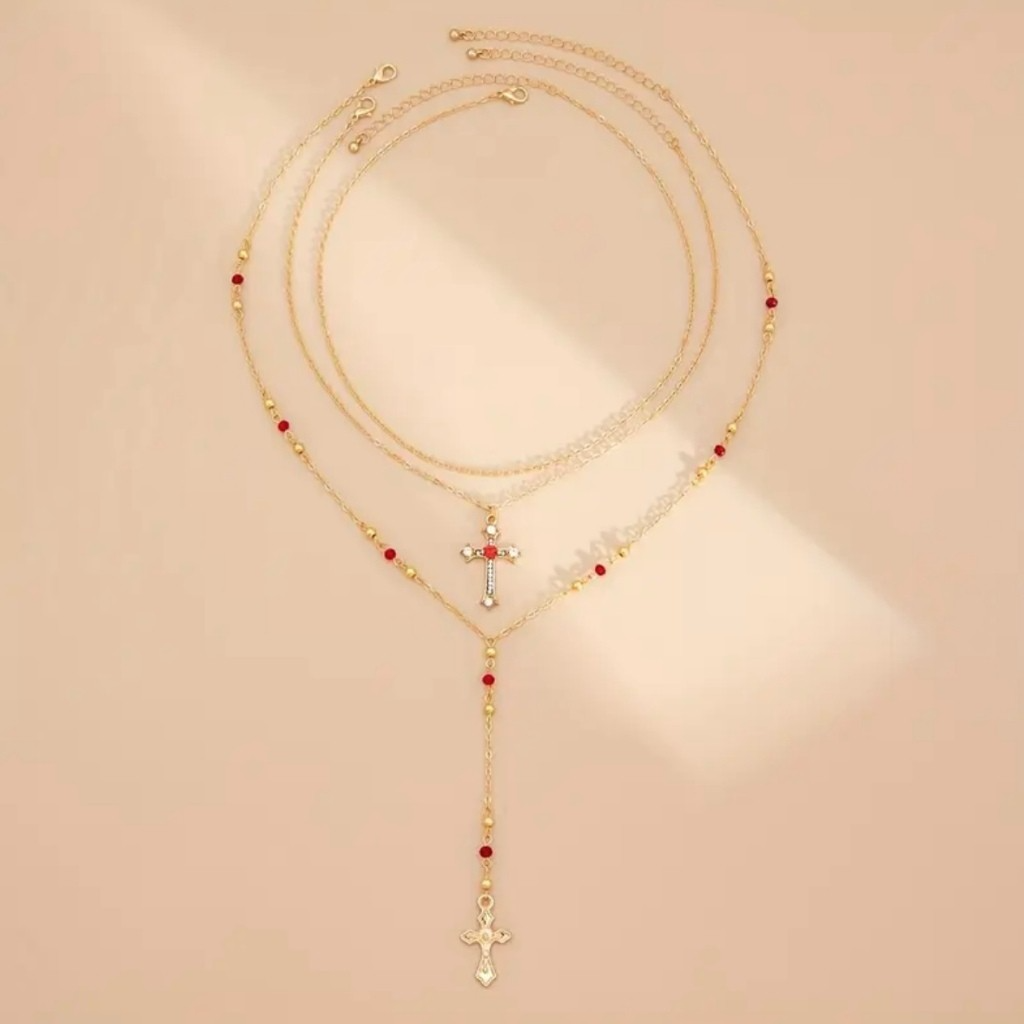 3 Peças Conjunto Colar Pingente de Cruz com Strass, Colar Gargantilha Multicamadas.