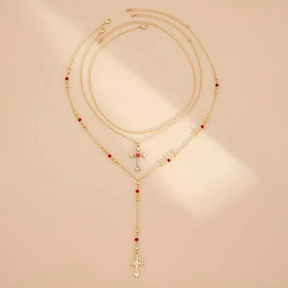 3 Peças Conjunto Colar Pingente de Cruz com Strass, Colar Gargantilha Multicamadas.