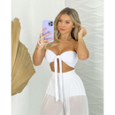 Conjunto Branco réveillon elegância e sofistição  top faixa multiformas com bojo calça pantalona tule look