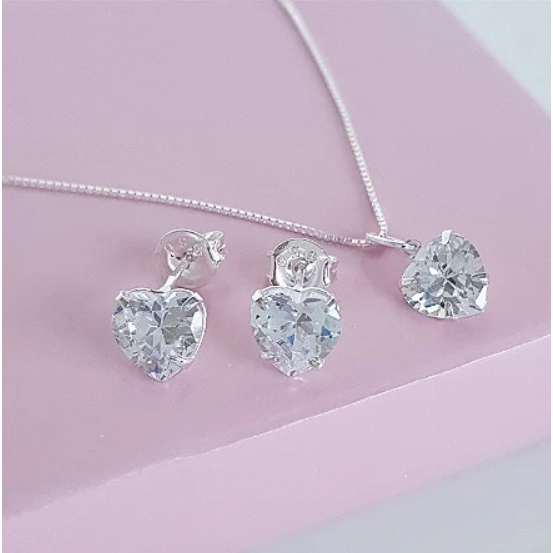 Conjunto Cristalina Colar e Brinco Coração Cristal