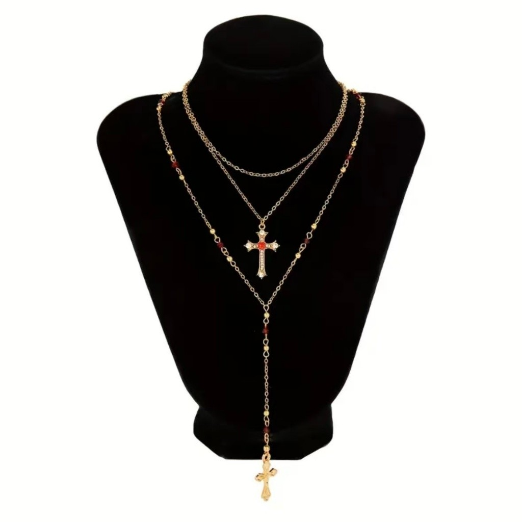 3 Peças Conjunto Colar Pingente de Cruz com Strass, Colar Gargantilha Multicamadas.