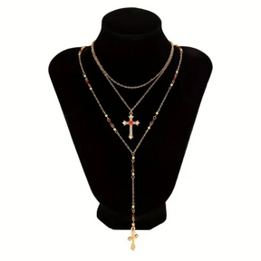 3 Peças Conjunto Colar Pingente de Cruz com Strass, Colar Gargantilha Multicamadas.