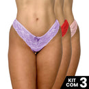 Kit 3 Calcinhas conforto fio tule invisível renda - forro algodão