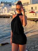 Dulzura verão moda sexy halter sem mangas rendas até sem costas bodycon mini vestido feminino sólido elegante festa clube rua outfit