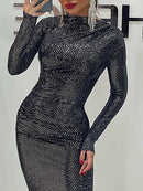 Casual manga comprida envoltório hip lantejoulas vestido escritório temperamento sólido a linha vestido senhoras o pescoço manga comprida fino ajuste vestido de outono