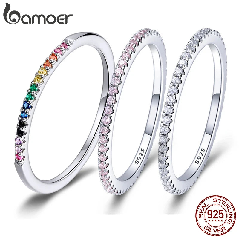 Bamoer 925 prata esterlina completa pavimentada simulada diamante empilhável anéis, feminino banhado a ouro noivado eternidade bandas coloridas cz