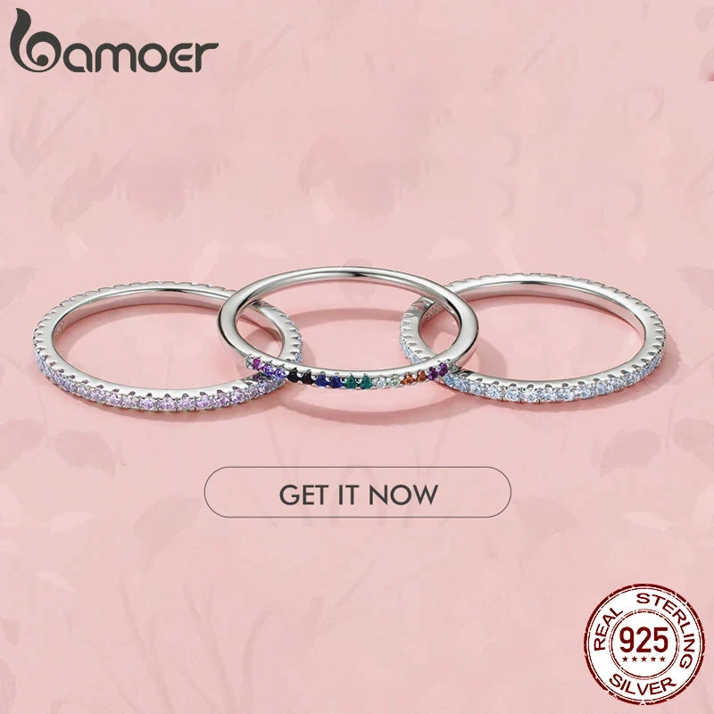 Bamoer 925 prata esterlina completa pavimentada simulada diamante empilhável anéis, feminino banhado a ouro noivado eternidade bandas coloridas cz