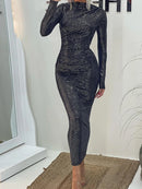 Casual manga comprida envoltório hip lantejoulas vestido escritório temperamento sólido a linha vestido senhoras o pescoço manga comprida fino ajuste vestido de outono