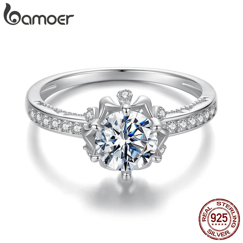 Bamoer d cor vvs1 ex moissanite flor anel 1ct redondo moissanite diamante solitaire noivado 925 anéis de prata esterlina para wo