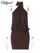 Dulzura verão moda sexy halter sem mangas rendas até sem costas bodycon mini vestido feminino sólido elegante festa clube rua outfit