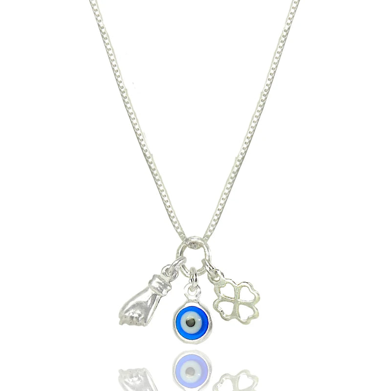 Colar 45cm Pingente Patuá Olho Grego Figa Trevo Prata 925