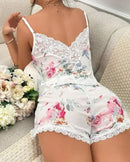 Nova moda 2023 casual verão das mulheres conjuntos de duas peças roupa sexy floral impressão rendas guarnição sono cami conjunto roupas femininas