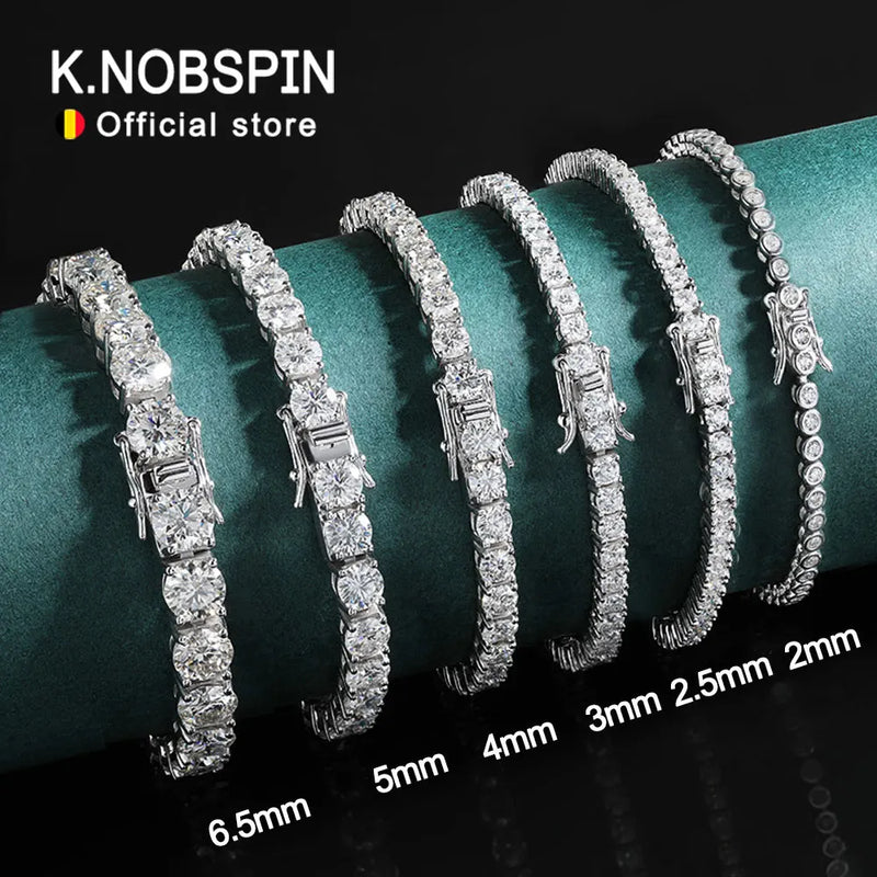 KNOBSPIN Moissanite Pulseira Tennis para Homens e Mulheres, 925 Pulseira de Ouro Branco Banhado a Prata Esterlina, Festa Espumante Jóias, 2mm