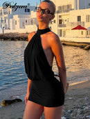 Dulzura verão moda sexy halter sem mangas rendas até sem costas bodycon mini vestido feminino sólido elegante festa clube rua outfit