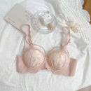 Japonês puro desejo vento sexy conjunto de sutiã seios pequenos reunidos roupa interior sem anel de aço conjunto de sutiã de renda francesa