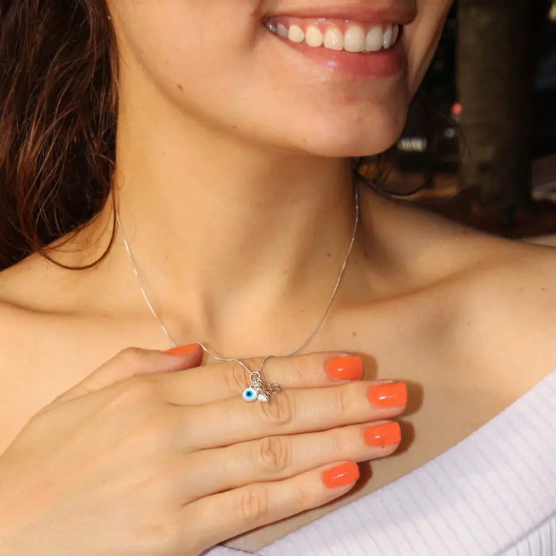 Colar 45cm Pingente Patuá Olho Grego Figa Trevo Prata 925