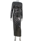 Casual manga comprida envoltório hip lantejoulas vestido escritório temperamento sólido a linha vestido senhoras o pescoço manga comprida fino ajuste vestido de outono