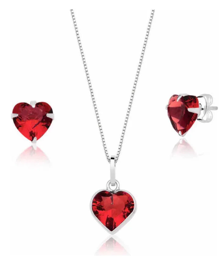 kit Conjunto Colar e  Par Brinco Coração Zirconia Prata 925 / 45 / vermelho