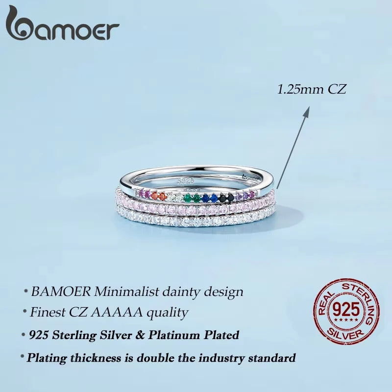 Bamoer 925 prata esterlina completa pavimentada simulada diamante empilhável anéis, feminino banhado a ouro noivado eternidade bandas coloridas cz