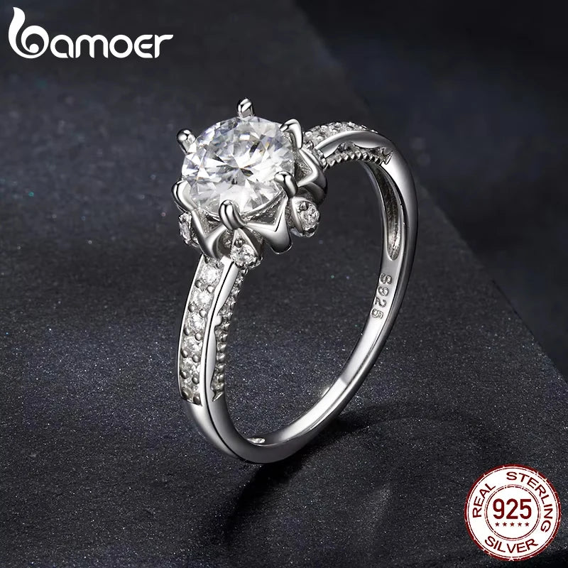 Bamoer d cor vvs1 ex moissanite flor anel 1ct redondo moissanite diamante solitaire noivado 925 anéis de prata esterlina para wo