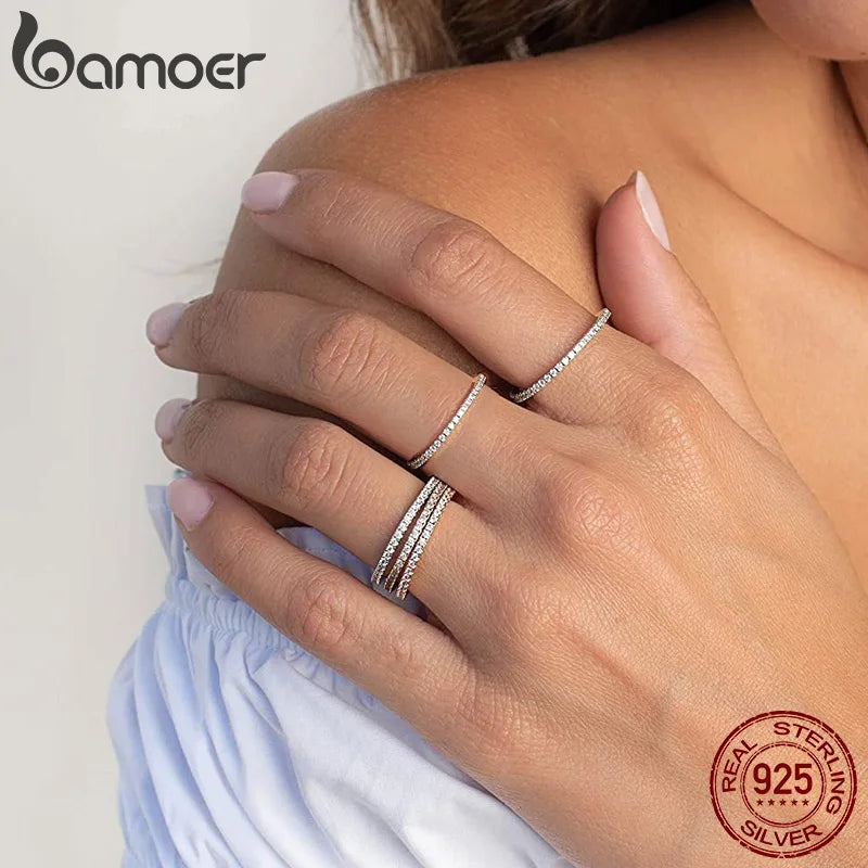 Bamoer 925 prata esterlina completa pavimentada simulada diamante empilhável anéis, feminino banhado a ouro noivado eternidade bandas coloridas cz