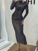 Casual manga comprida envoltório hip lantejoulas vestido escritório temperamento sólido a linha vestido senhoras o pescoço manga comprida fino ajuste vestido de outono