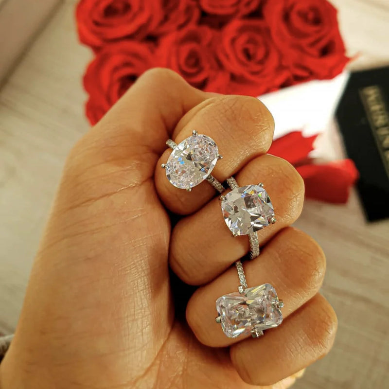 Luxo 925 prata esterlina oval quadrado simulado anéis de diamante dedo para cocktail noivado casamento feminino jóias