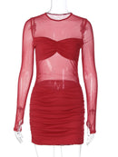 Dulzura outono moda sexy o-pescoço manga longa ruched fino sheer malha mini vestido feminino sólido elegante vestido de festa clube roupas