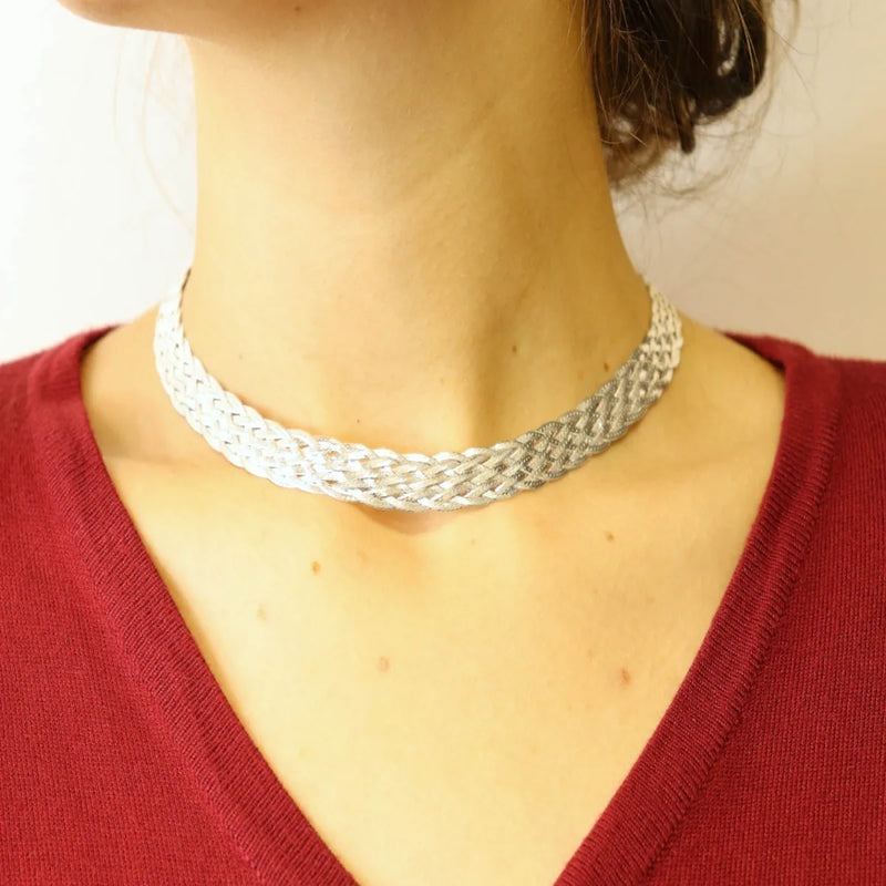 Corrente Colar Trançado 8 Fios Feminino Prata 925 40cmx12mm