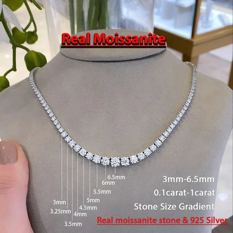 Colar de tênis com diamante moissanite gradiente de tamanho 3-5mm com certificado 100% gargantilha de prata s925 colar riviera para mulheres