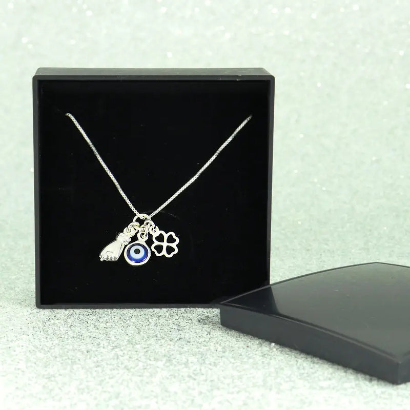 Colar 45cm Pingente Patuá Olho Grego Figa Trevo Prata 925