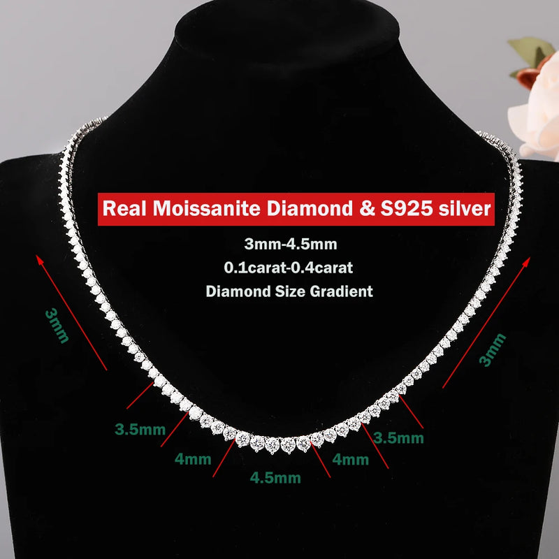 Colar de tênis com diamante moissanite gradiente de tamanho 3-5mm com certificado 100% gargantilha de prata s925 colar riviera para mulheres