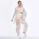 2 pçs esportes sem costura malha buraco exercício de secagem rápida yoga manga comprida listrado calças de fitness yoga conjunto feminino roupas de ginásio ao ar livre