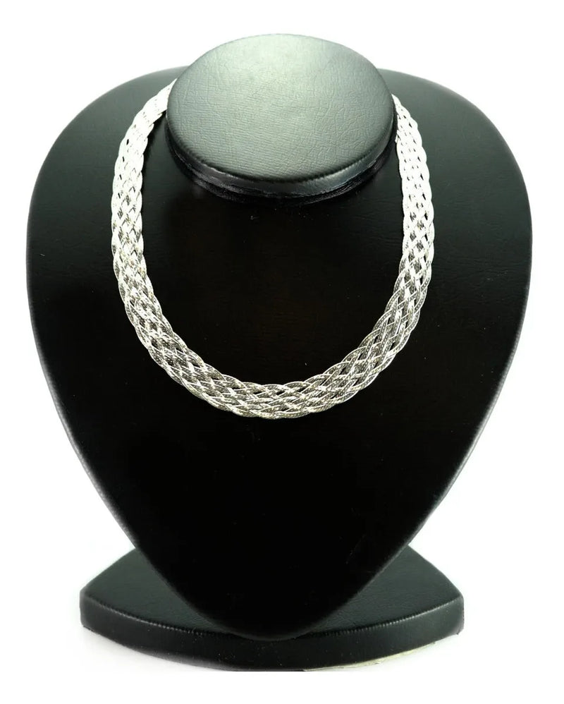 Corrente Colar Trançado 8 Fios Feminino Prata 925 40cmx12mm