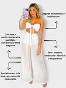 Conjunto Branco réveillon elegância e sofistição  top faixa multiformas com bojo calça pantalona tule look